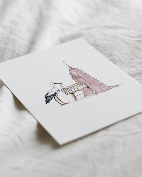 Postkarte "Wiege rosa mit Storch" von Inkylines