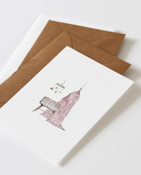 Postkarte "Wiege rosa mit Mobile" von Inkylines