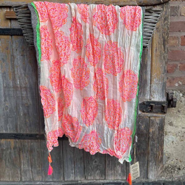 Baumwolltuch im Blockprint "natur mit Neon Mandala und Schwarz" von Sarah & Sally