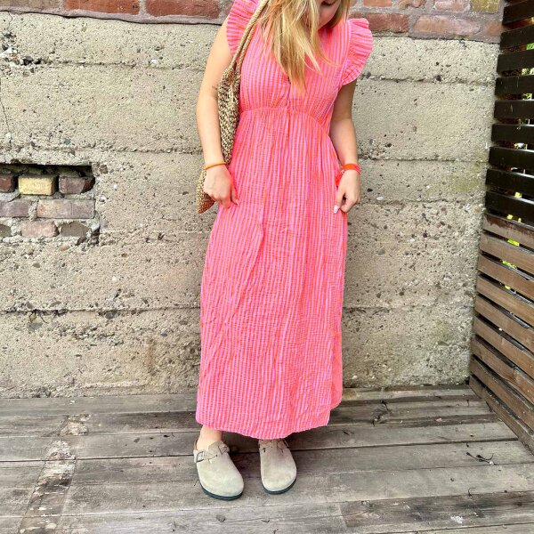 Maxi-Musselinkleid mit Volant "Streifen rosa-neonorange" One Size