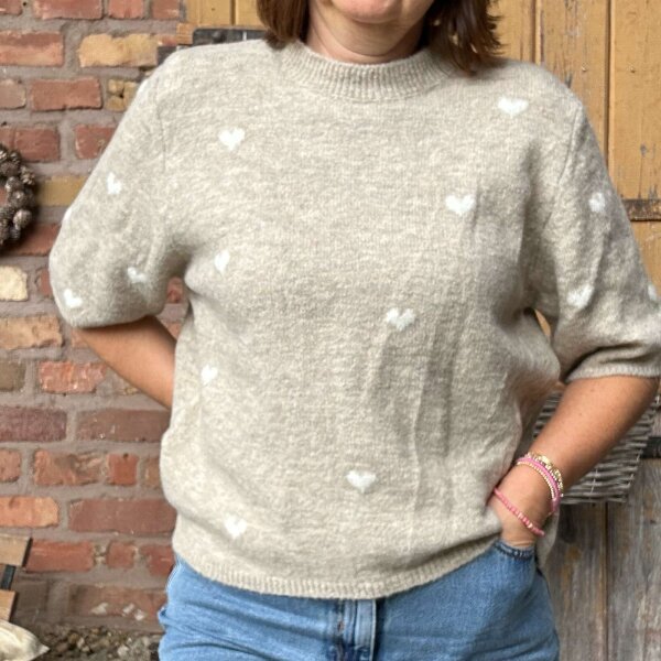 Halbarmpullover Herzchen "beige-weiß" One Size