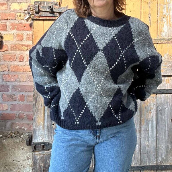 Rautenpullover dunkelblau-grau One Size