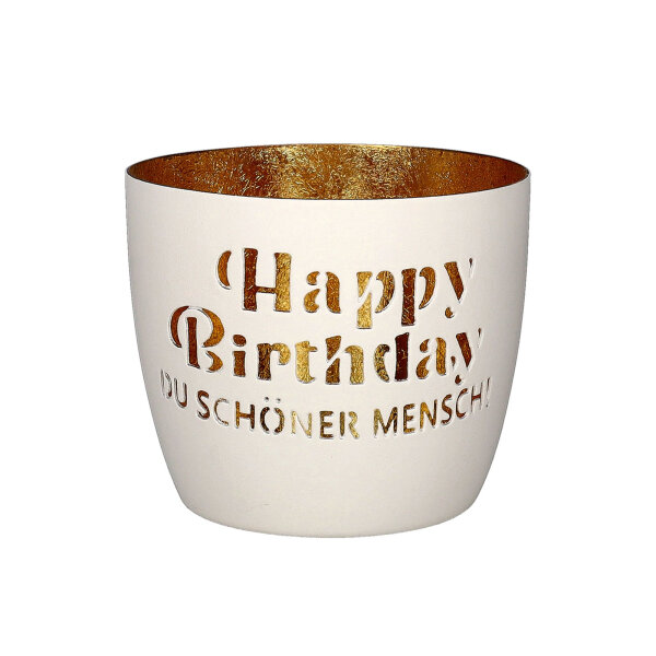 Windlicht Madras "Happy Birthday du schöner Mensch" weiß/gold von Giftcompany