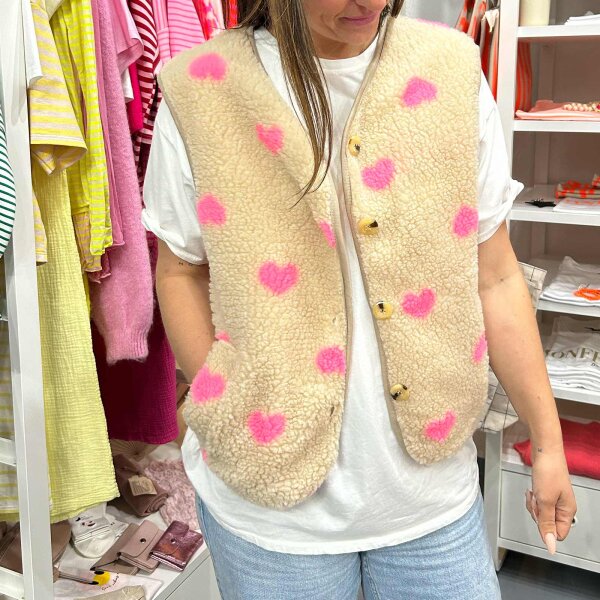 Teddyweste "Herzen" beige-neonpink