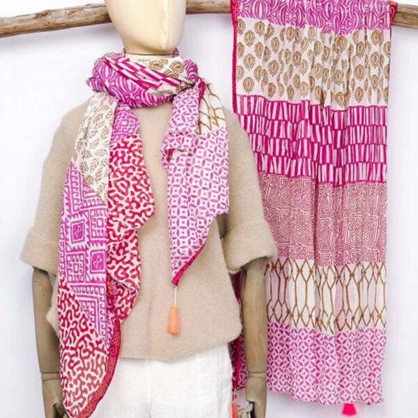 Baumwolltuch im Blockprint "Mustermix pink mit Neondetails" von Sarah & Sally