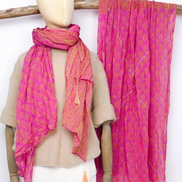 Baumwolltuch im Blockprint "Mustermix pink-orange mit Neondetails" von Sarah & Sally