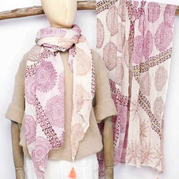 Baumwolltuch im Blockprint "Mandala Pink mit Neondetails" von Sarah & Sally