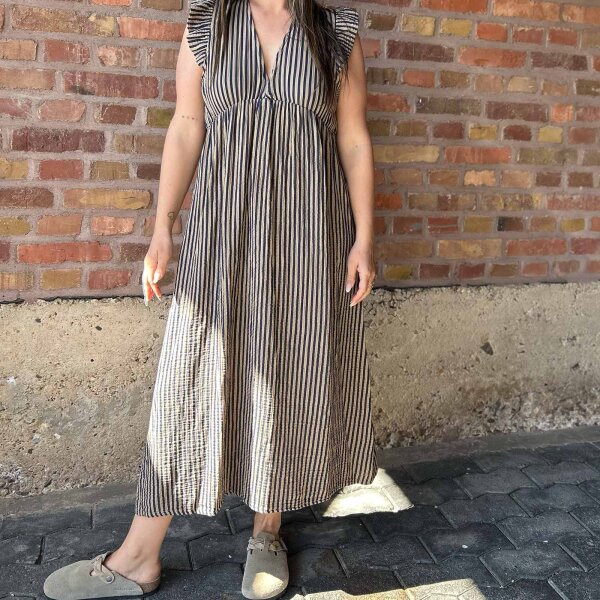 Maxi-Musselinkleid mit Volant "Streifen taupe-dunkelblau" One Size
