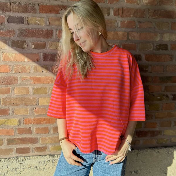 Sweat-T-Shirt "Streifen" neonorange-rosa One Size