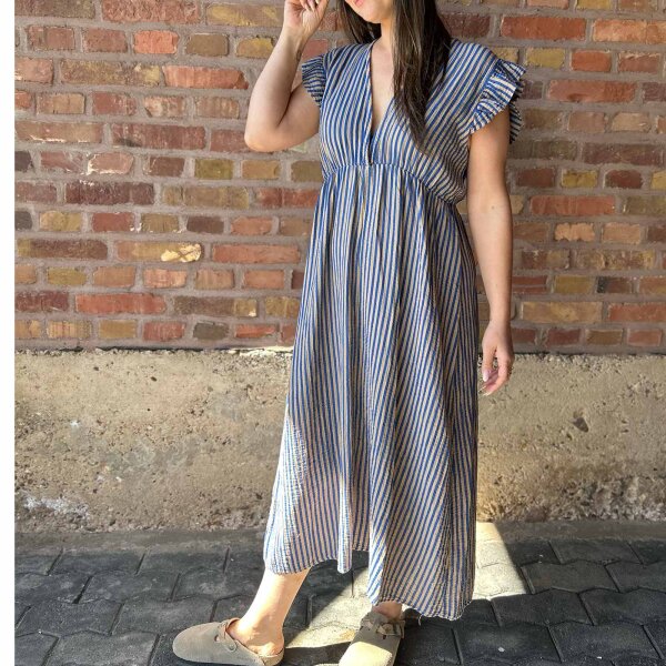 Maxi-Musselinkleid mit Volant "Streifen taupe-royalblau" One Size