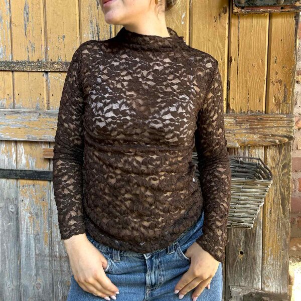 Spitzen-Langarmshirt mit Stehkragen braun