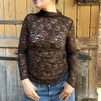 Spitzen-Langarmshirt mit Stehkragen braun