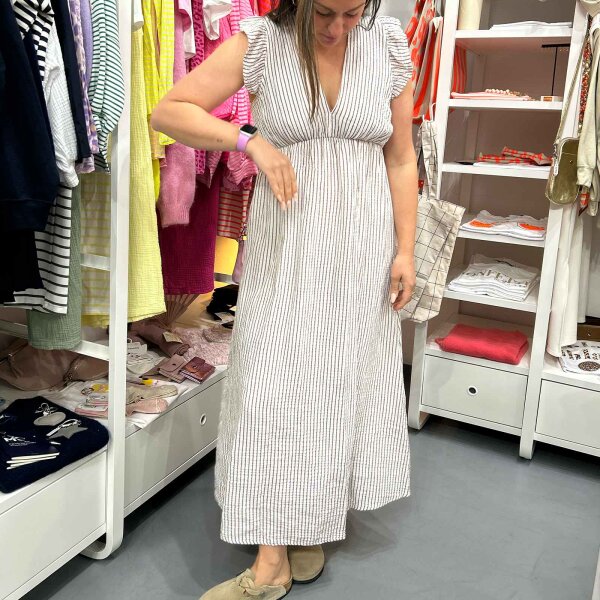 Maxi-Musselinkleid mit Volant "feiner Streifen beige-taupe" One Size