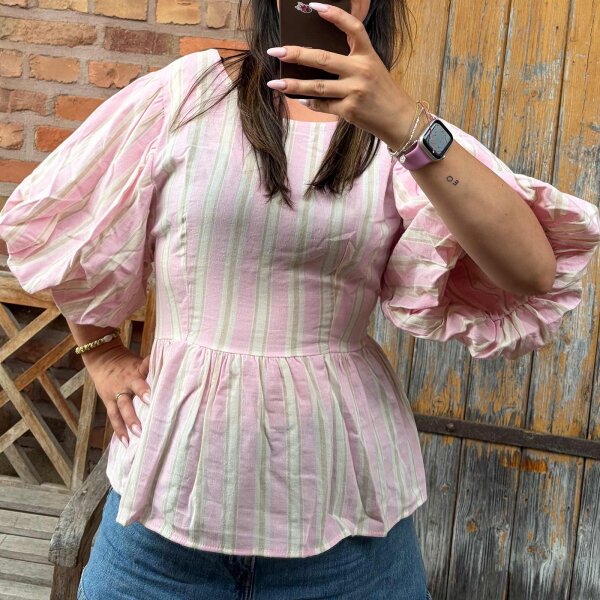 Bluse mit Puffärmeln Leinenoptik "rosa"