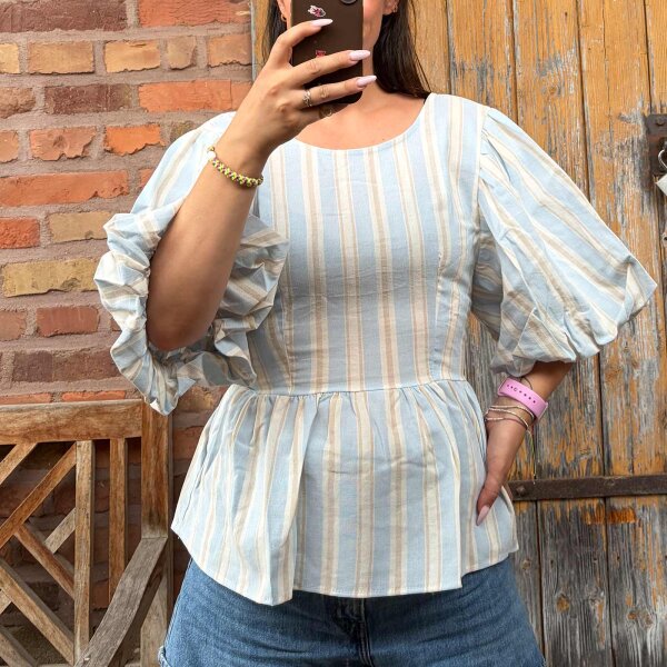 Bluse mit Puffärmeln Leinenoptik "hellblau"