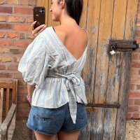 Bluse mit Puffärmeln Leinenoptik "hellblau"