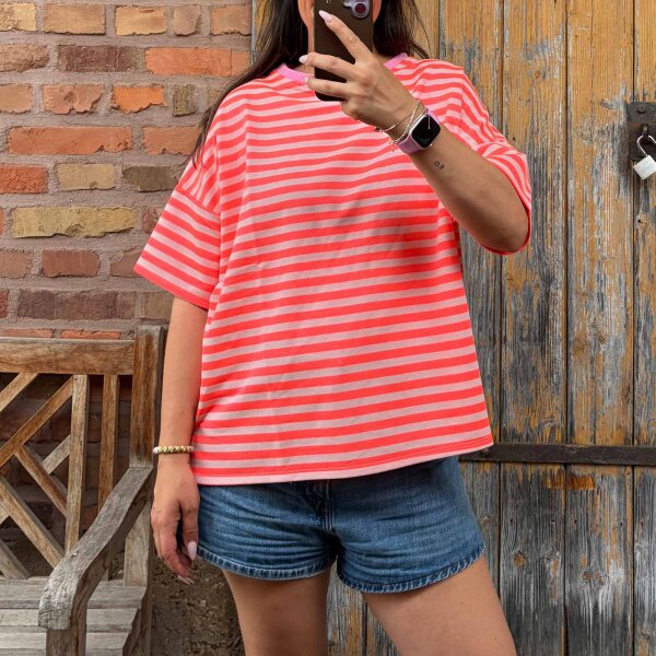 Sweat-T-Shirt Streifen "Juna" beige/neoncoral/lila
