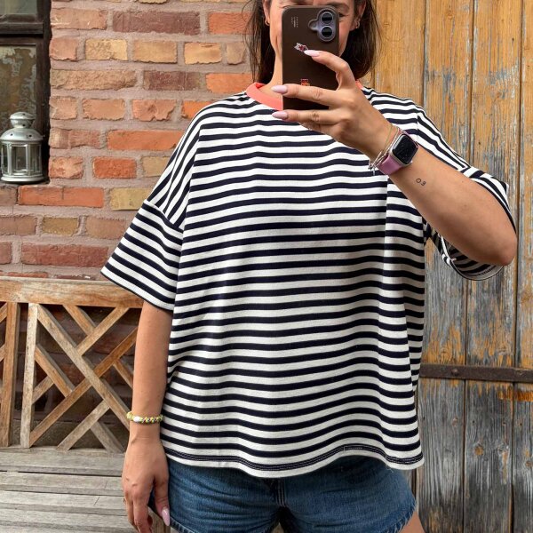 T-Shirt Streifen "Juna" navy/weiß/neoncoral