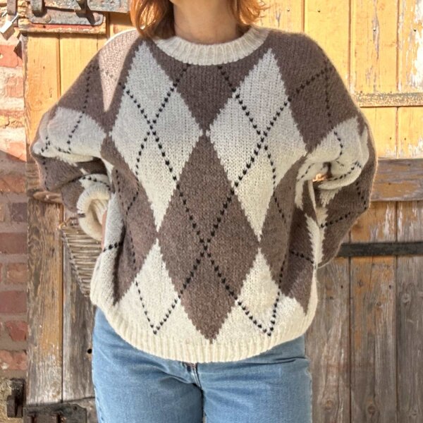 Rautenpullover creme-taupe One Size