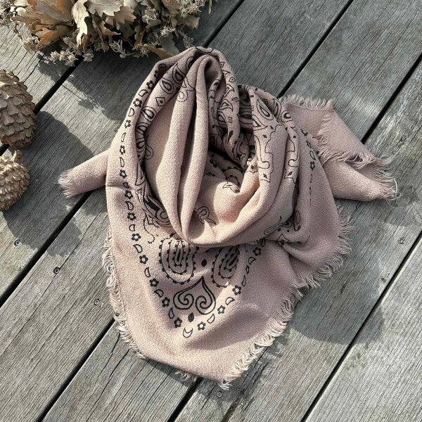 Großes Viskosetuch "Paisley" 90x90 mit Fransen taupe-schwarz