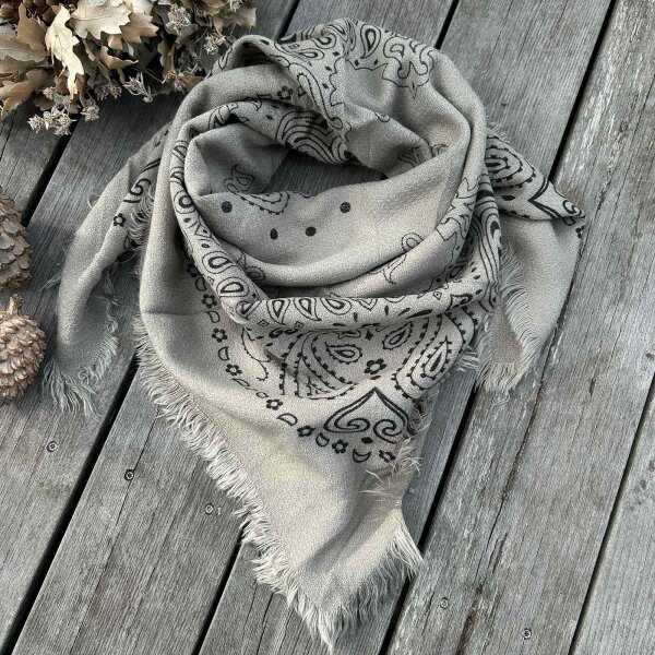 Viskosetuch "Paisley" 60x60 mit Fransen khaki-schwarz