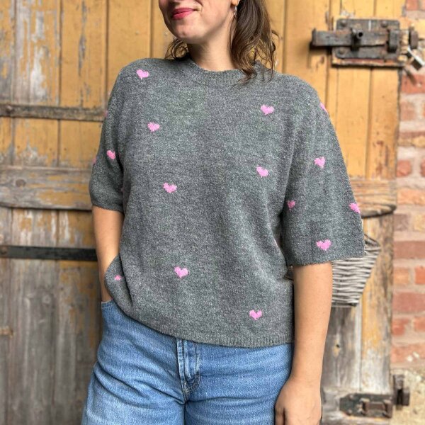Halbarmpullover Herzchen "grau-pink" One Size