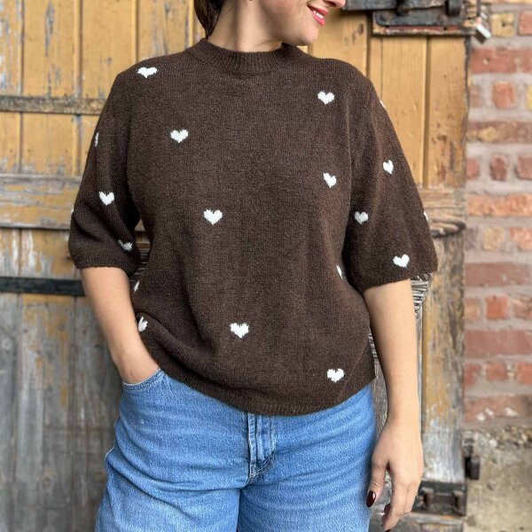 Halbarmpullover Herzchen "braun-weiß" One Size
