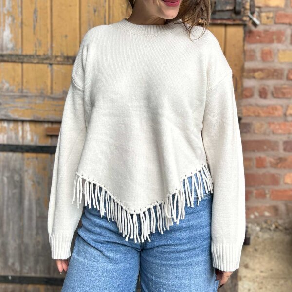 Strickpullover "Fransen" wollweiß